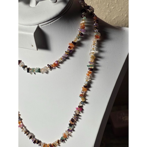Vintage Gemstone Chip Necklace 34" Multi Color Natural Stone Boho Strand Jewelry - Picture 13 of 13